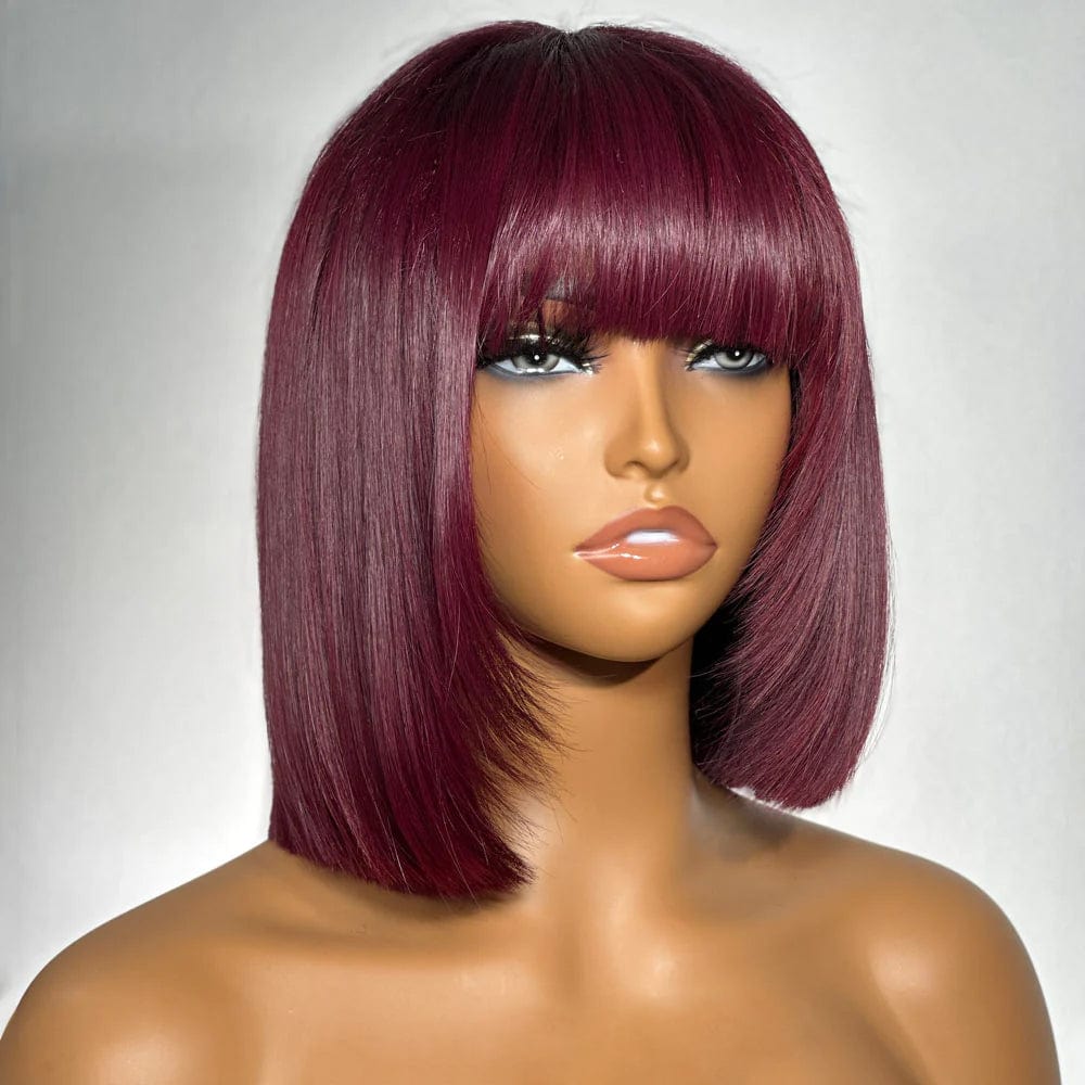 AILUXY 99J Rouge Bourgogne Lisse Bob Perruque Avec Frange 100% Cheveux Humains