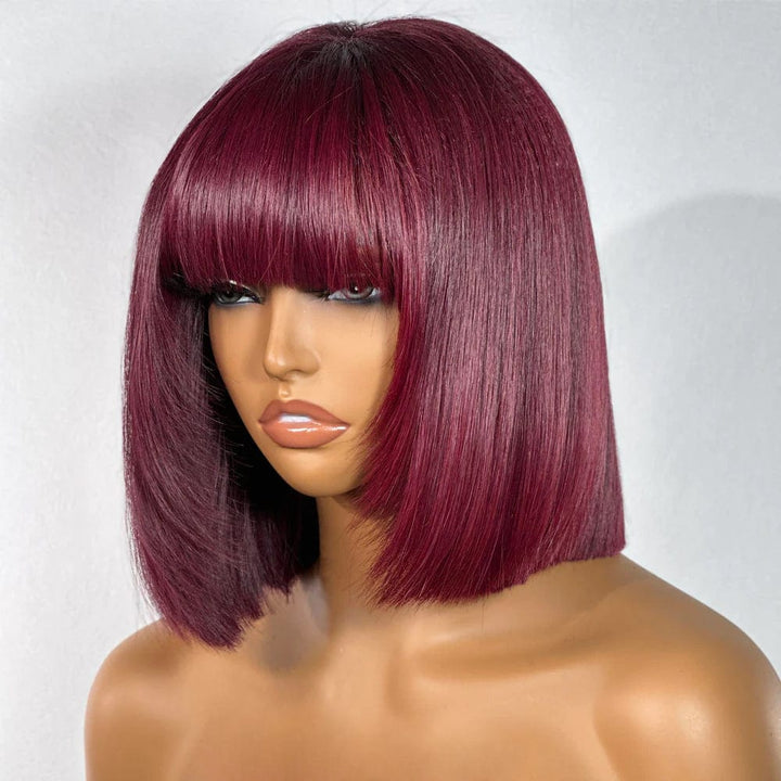 AILUXY 99J Rouge Bourgogne Lisse Bob Perruque Avec Frange 100% Cheveux Humains