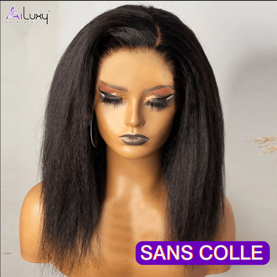 Sans colle AILUXY 13x4 Lace Frontal Kinky Lisse Noir Bob Perruque 200% Densité 100% Cheveux Humains
