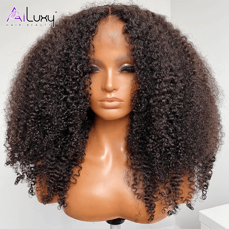 AILUXY  4x4 Lace Closure Perruque Bob Perruque Afro Curly Noir 100% Cheveux Humains