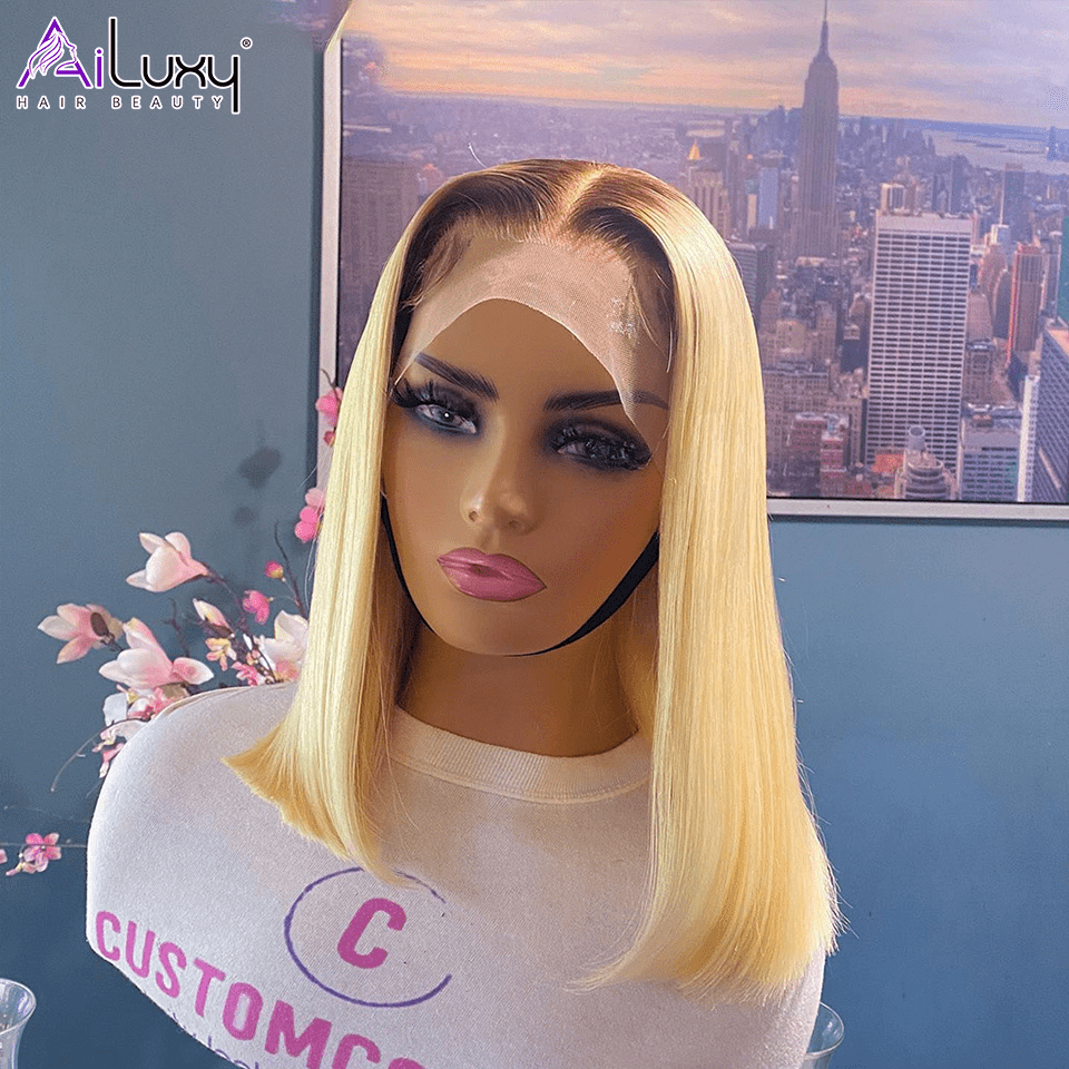 AILUXY 13x4 Lace Frontal Blond Avec Racine Marron Bob 200% densité Perruque Lisse Courte Perruque 100% Cheveux Humains