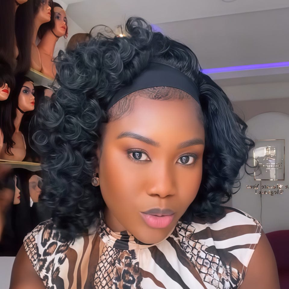 AILUXY Bandeau EGG Wave Noir Bob Perruque 100% Cheveux Humains
