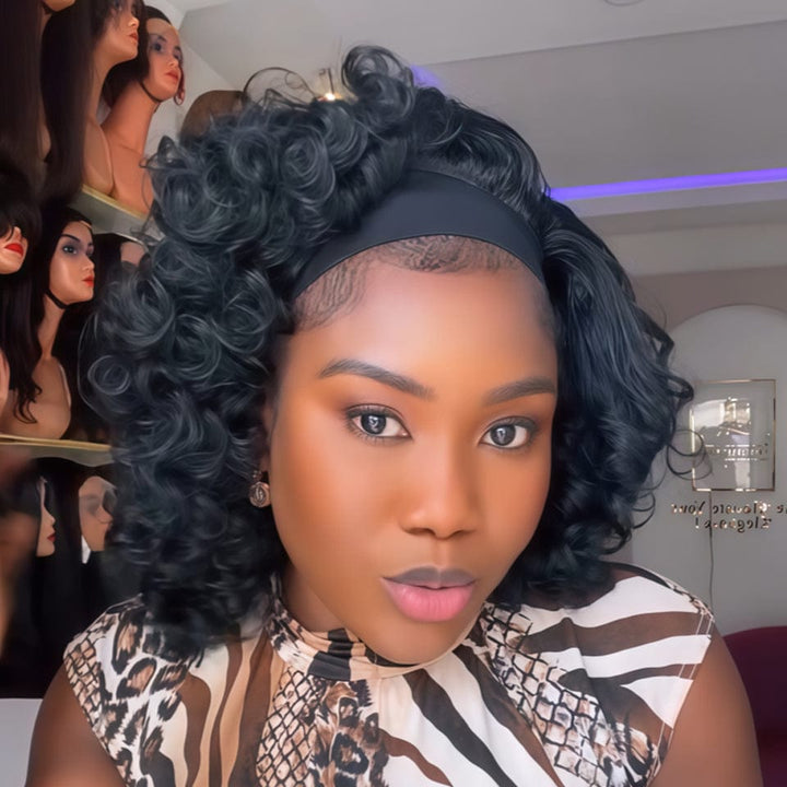 AILUXY Bandeau EGG Wave Noir Bob Perruque 100% Cheveux Humains