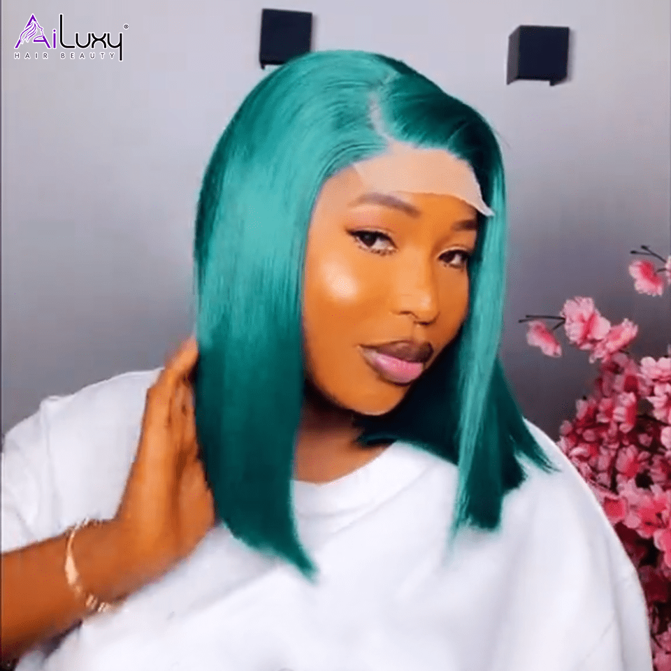 La mode AILUXY 4x4 Lace Frontal Sombre Vert Avec Racine Noire Bob Perruque Lisse Courte Perruque 200% Densité 100% Cheveux Humains