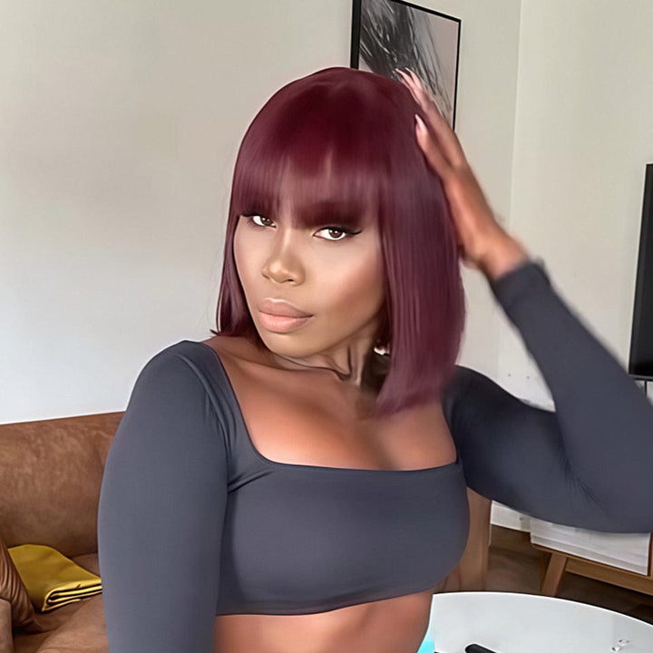 AILUXY 99J Rouge Bourgogne Lisse Bob Perruque Avec Frange 100% Cheveux Humains 2.0