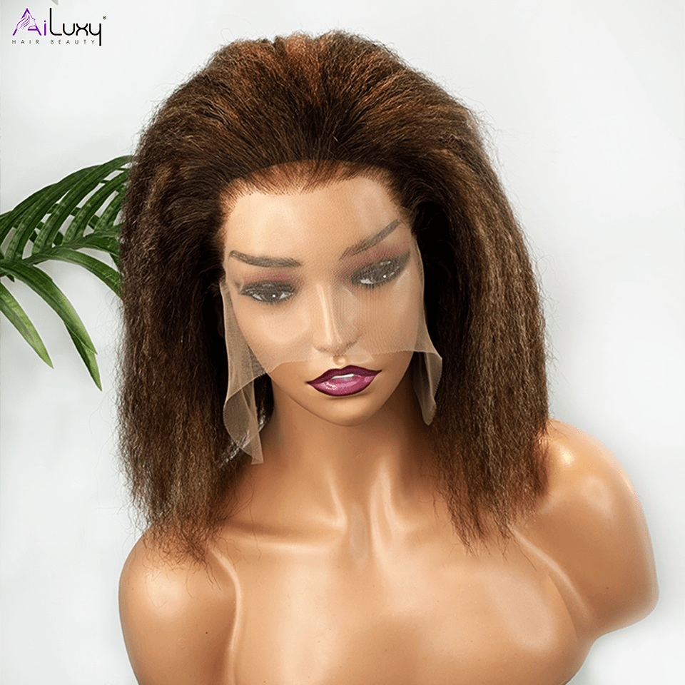 AILUXY 13x4 Lace Frontal Perruque Kinky Lisse Longue #4/27 200% Densité 100% Cheveux Humains