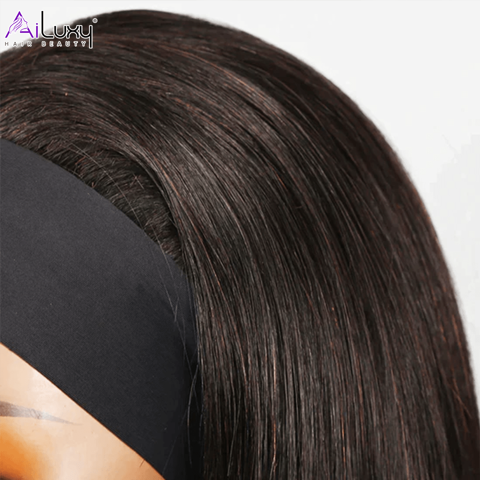 AILUXY Perruque Bandeau Lisse Longue Noir Perruque 100% Cheveux Humains Densité 200%