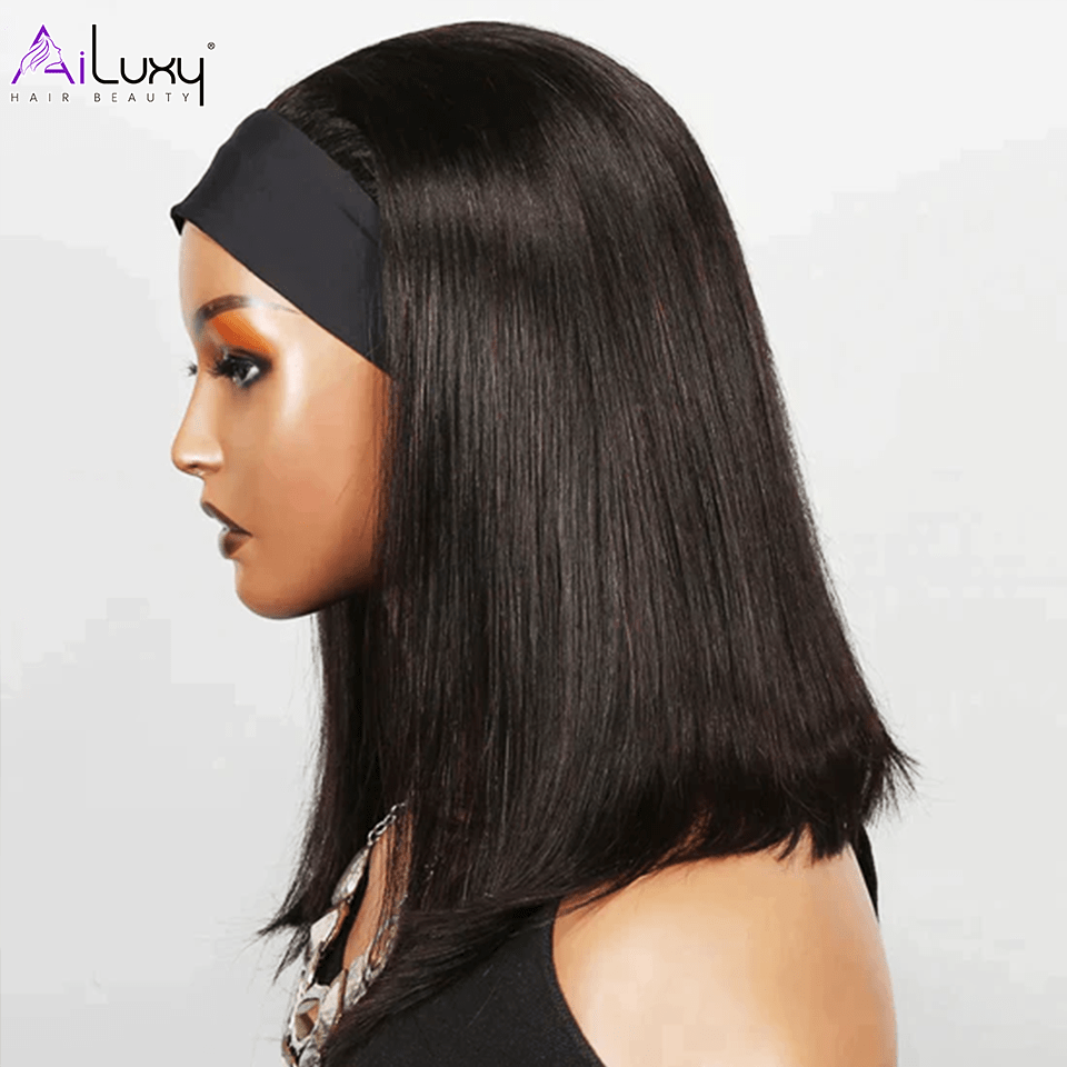 AILUXY Perruque Bandeau Lisse Longue Noir Perruque 100% Cheveux Humains Densité 200%