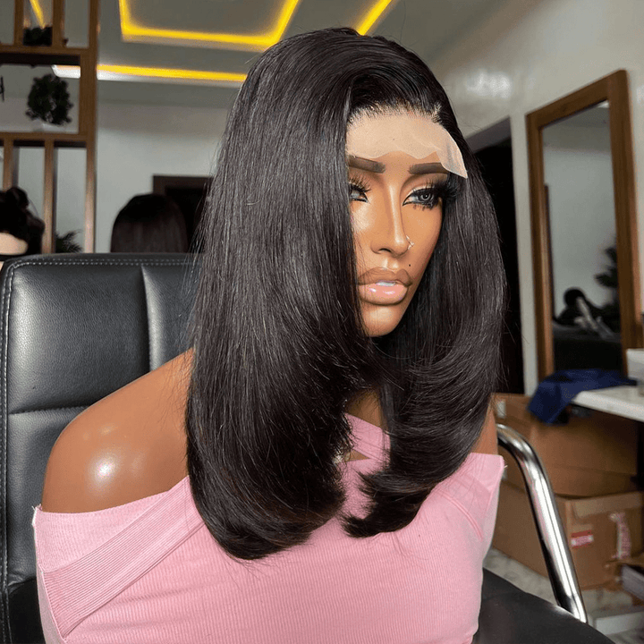 La Mode AILUXY 4x4 Lace Perruque Lisse Bob Perruque Courte Noire 200% densité 100% cheveux humains