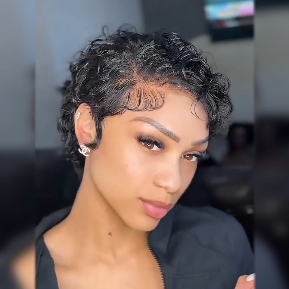 AILUXY Perruque 13x4 lace personnalisée avancée Pixie Noir le coiffeur le coiffe avant de l'expédier