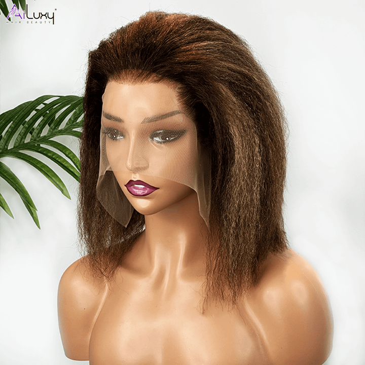 AILUXY 13x4 Lace Frontal Perruque Kinky Lisse Longue #4/27 200% Densité 100% Cheveux Humains