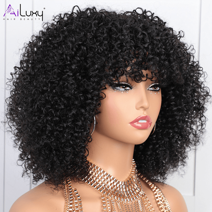 (En france)AILUXY Curly Noir Bob Perruque Avec Frange 100% Cheveux Humains comme sur la vidéo 2 - 3 jours reçus+Un beau cadeau