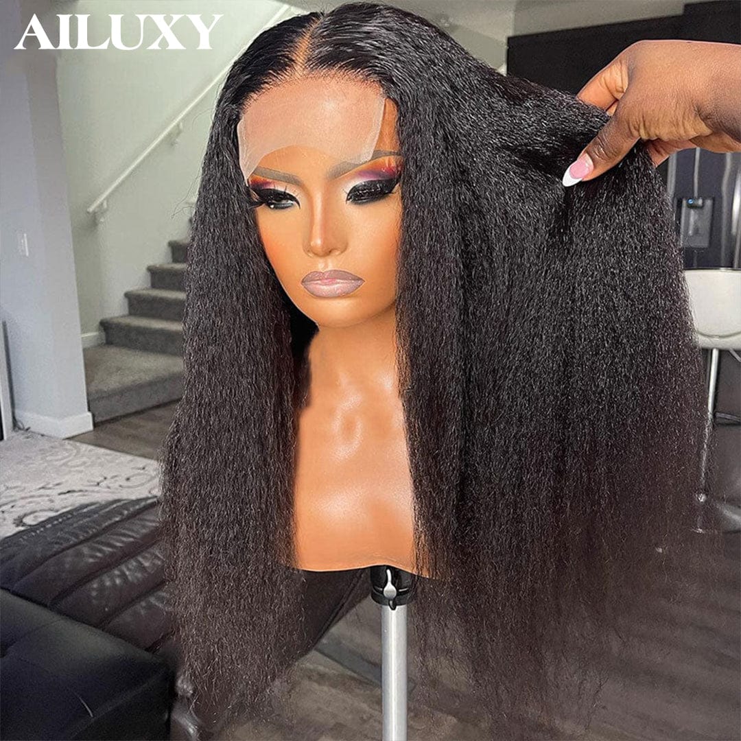 AILUXY Perruque Longue Kinky 4x4 Lace Closure Couleur Naturelle