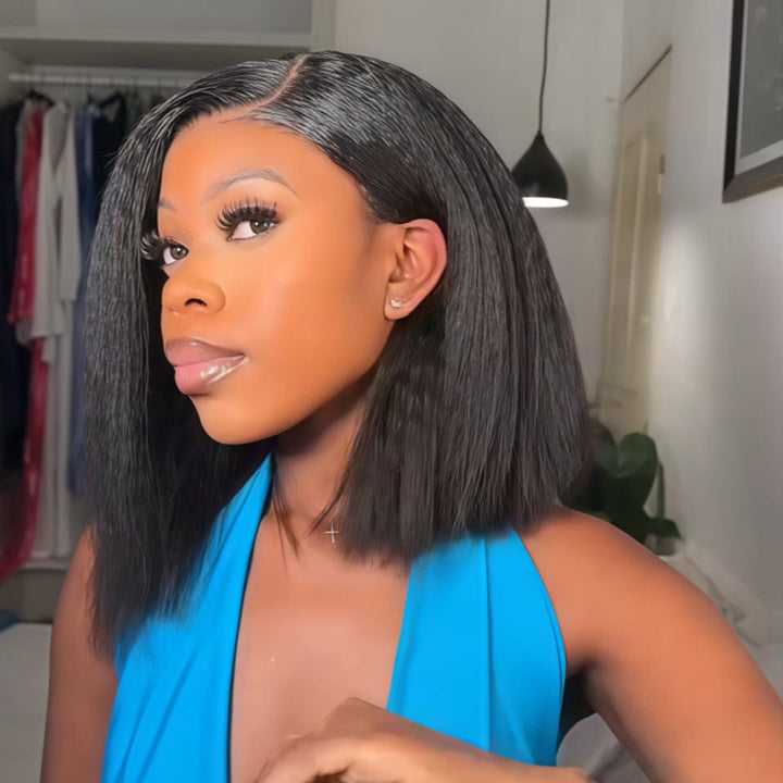 Sans colle AILUXY 13x4 Lace Frontal Kinky Lisse Noir Bob Perruque 200% Densité 100% Cheveux Humains