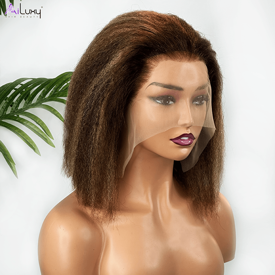 AILUXY 13x4 Lace Frontal Perruque Kinky Lisse Longue #4/27 200% Densité 100% Cheveux Humains