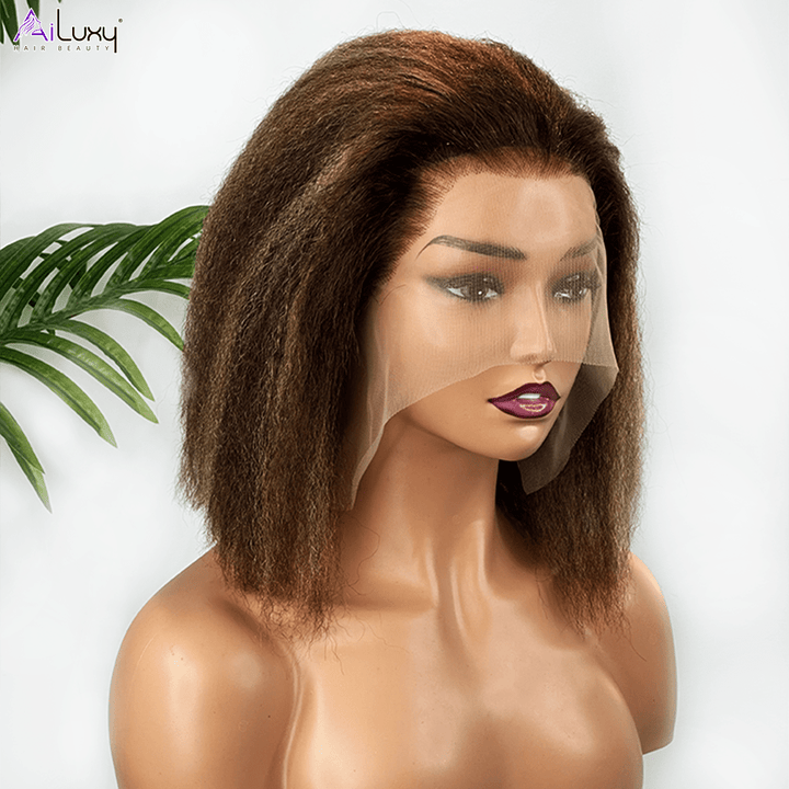 AILUXY 13x4 Lace Frontal Perruque Kinky Lisse Longue #4/27 200% Densité 100% Cheveux Humains