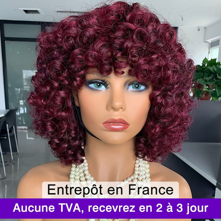 AILUXY 99J Bourgogne Egg Wave Courte Perruque Avec Frange 100% Cheveux Humains