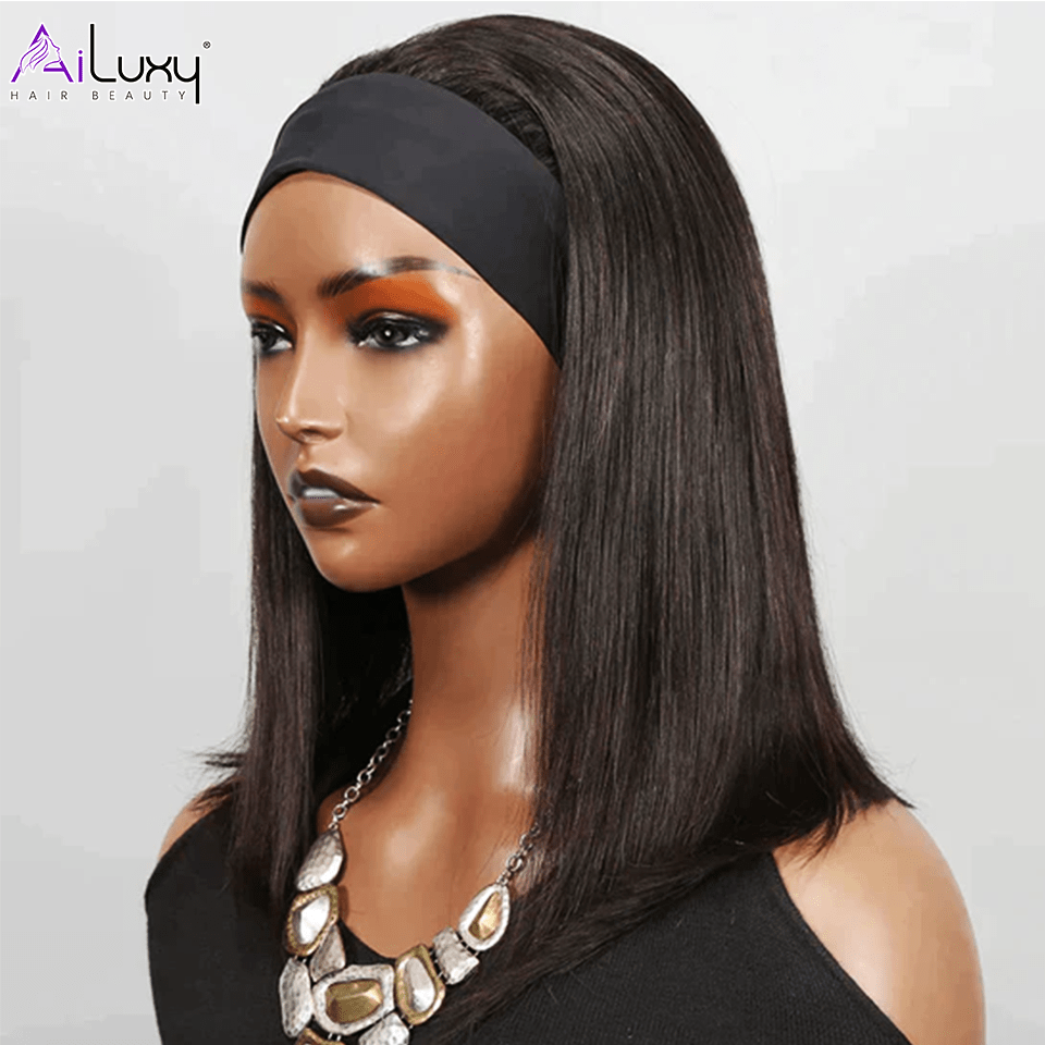 AILUXY Perruque Bandeau Lisse Longue Noir Perruque 100% Cheveux Humains Densité 200%