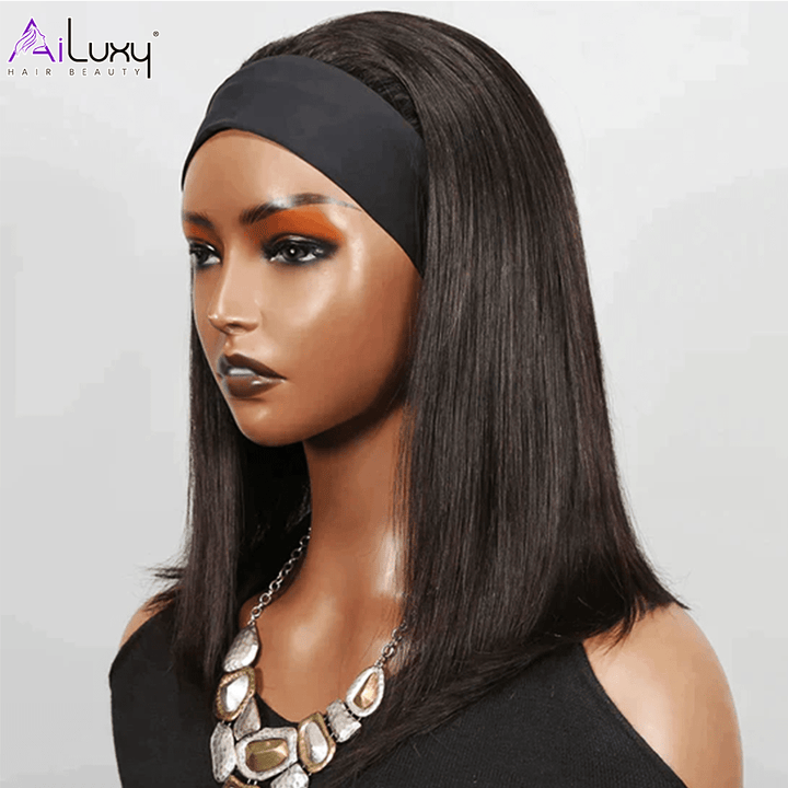 AILUXY Perruque Bandeau Lisse Longue Noir Perruque 100% Cheveux Humains Densité 200%