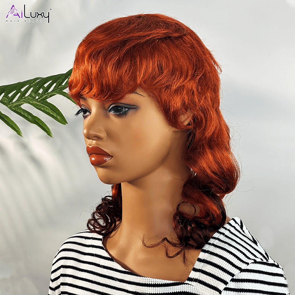 AILUXY Longue Orange Mulet Mulet Perruque 100% Cheveux Humains comme sur la vidéo