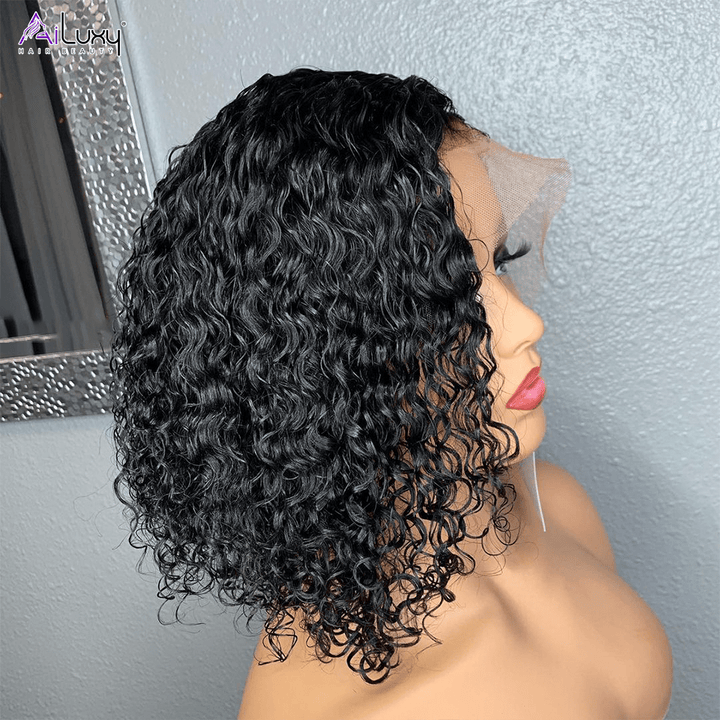 AILUXYhair 13x4 Lace Frontal Perruque Bouclée Bob Noir Perruque 200% densité 100% cheveux humains comme sur la vidéo 2 - 3 jours reçus+Un beau cadeau
