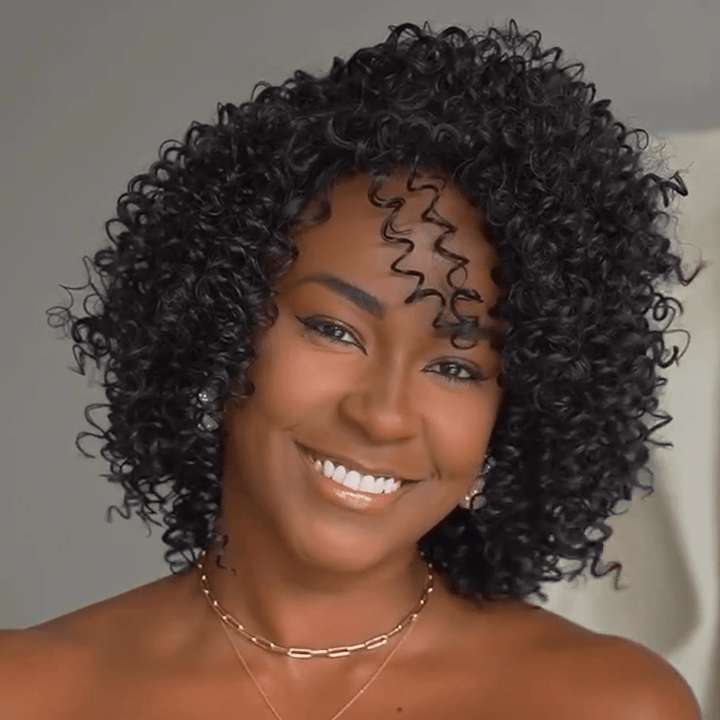 AILUXY Perruque entièrement fabriquée à la machine BOB bouclée avec frange droite, style polyvalent