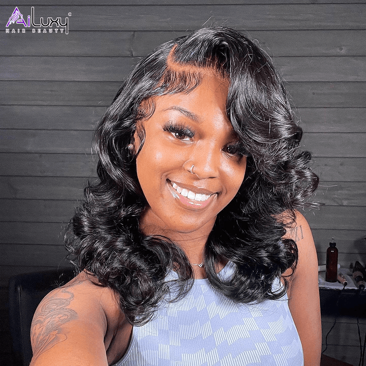 AILUXY Perruque Sans Colle 4x4 Lace Closure Perruque BOB Body Wavy 200% densité 100% Cheveux humains perruque naturelle invisible