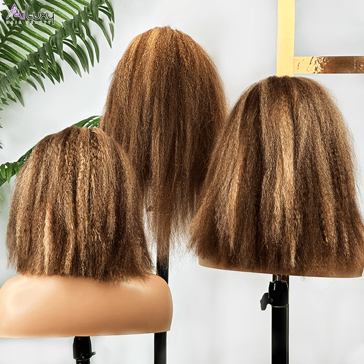 AILUXY 13x4 Lace Frontal Perruque Kinky Lisse Longue #4/27 200% Densité 100% Cheveux Humains