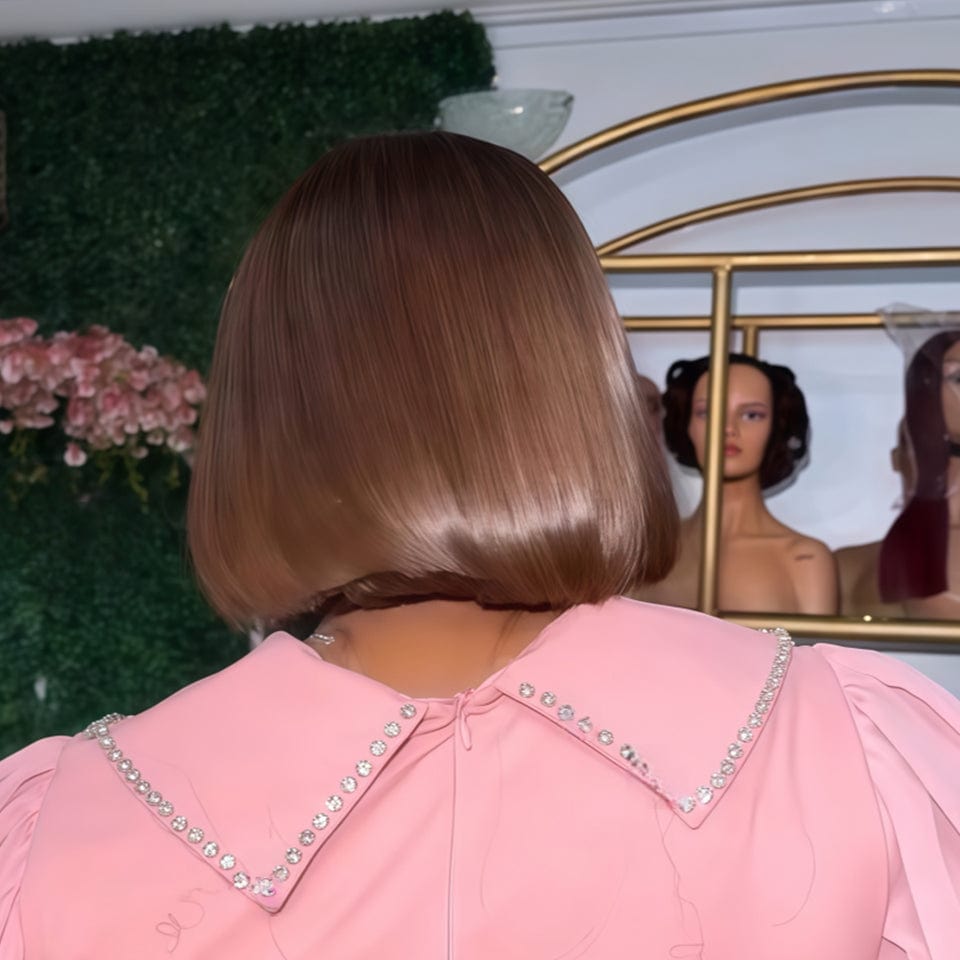 AILUXY brun Lisse Bob Perruque Avec Frange 100% Cheveux Humains 2.0