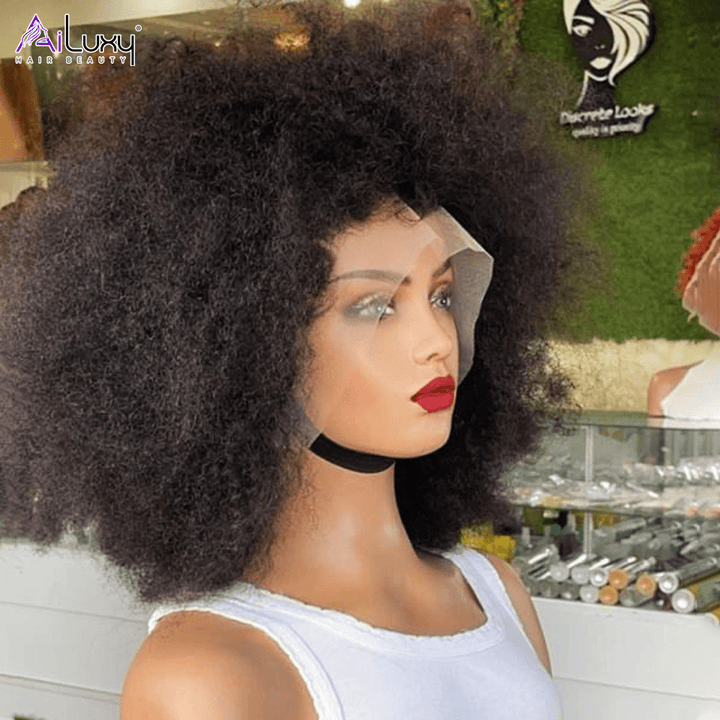 AILUXY  13x4 Lace Closure Perruque Bob Perruque Afro Curly Noir 100% Cheveux Humains