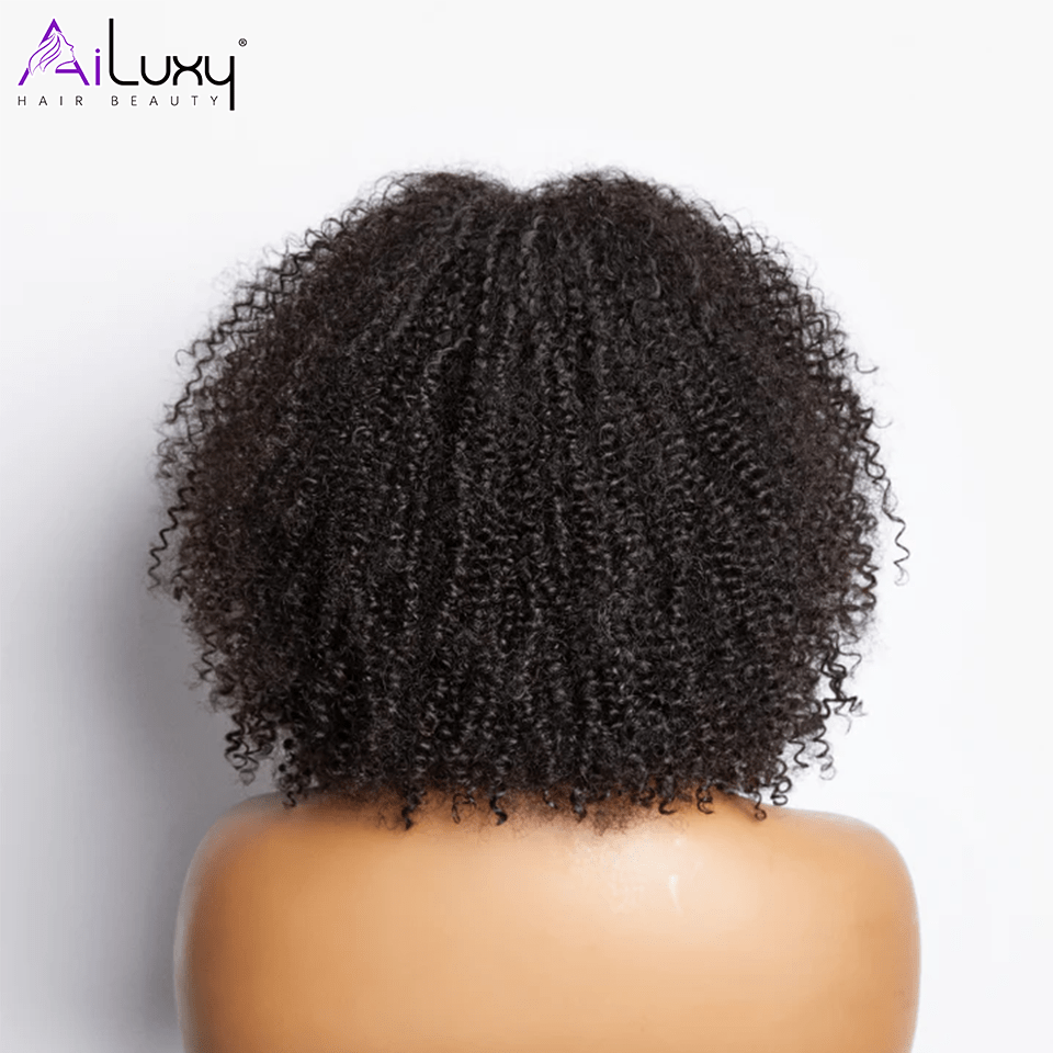 AILUXY Curly Noir Bob Perruque Avec Frange 100% Cheveux Humains 14 pouces