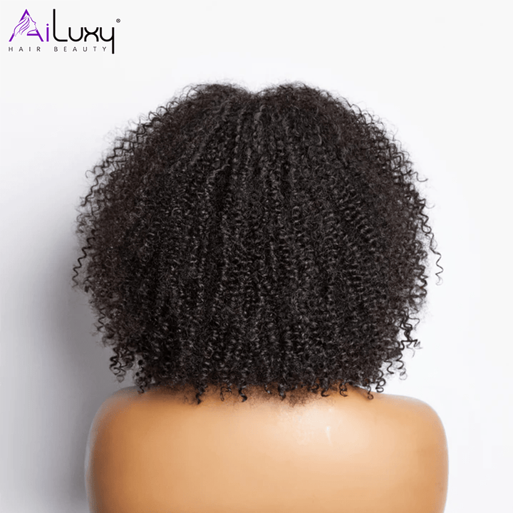 AILUXY Curly Noir Bob Perruque Avec Frange 100% Cheveux Humains 14 pouces