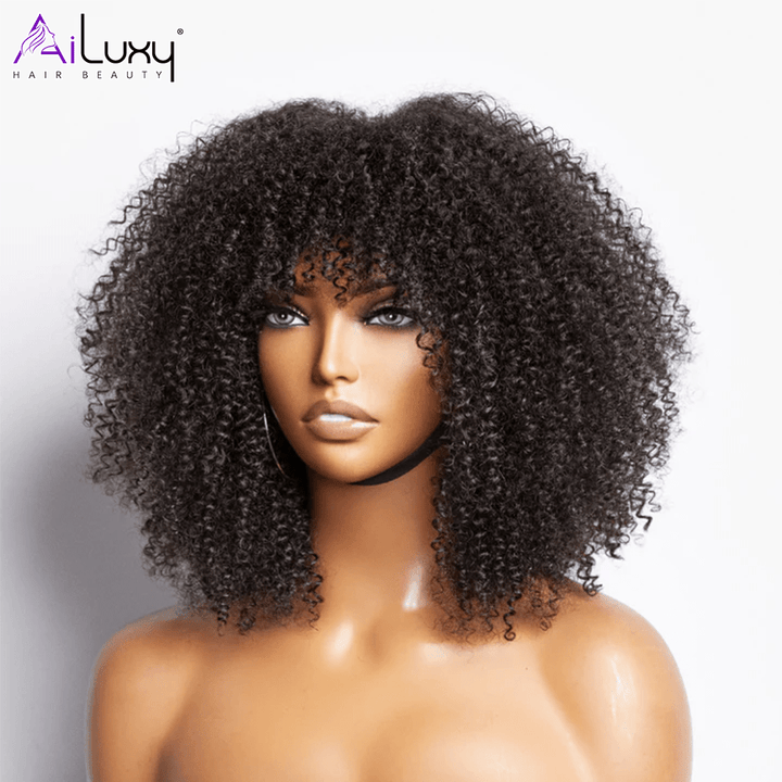 AILUXY Curly Noir Bob Perruque Avec Frange 100% Cheveux Humains 14 pouces
