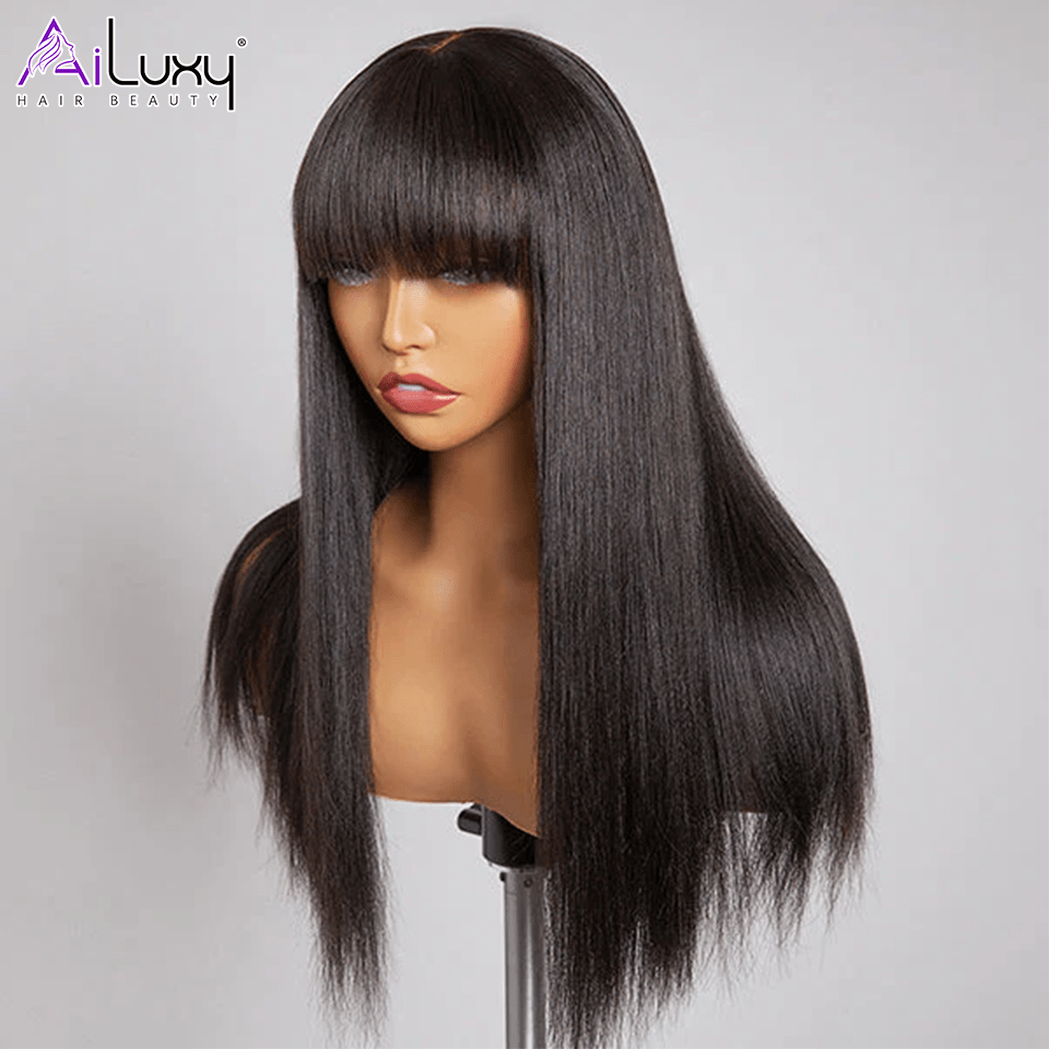 (En France)AILUXY Perruque 100% fabriqué à la machine Lisse Longue Noir Perruque 100% Cheveux Humains
