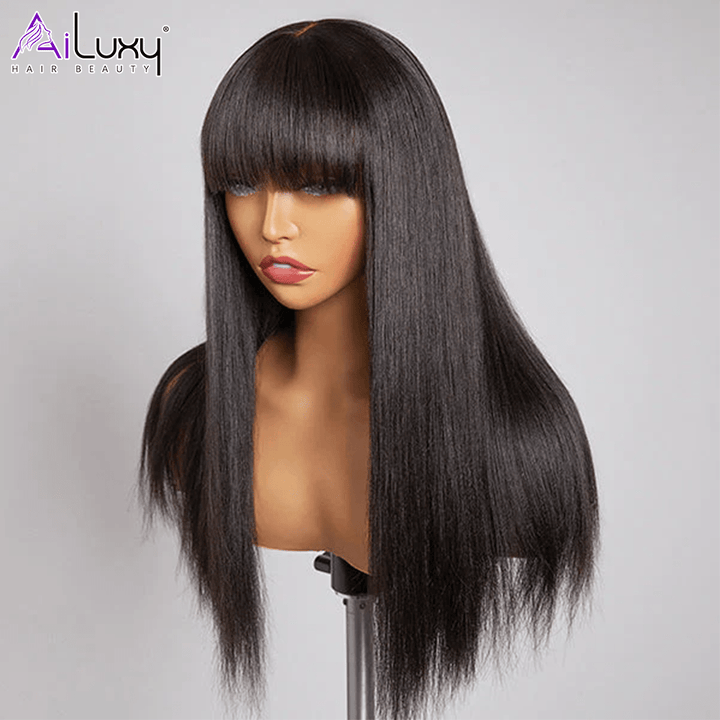 (En France)AILUXY Perruque 100% fabriqué à la machine Lisse Longue Noir Perruque 100% Cheveux Humains