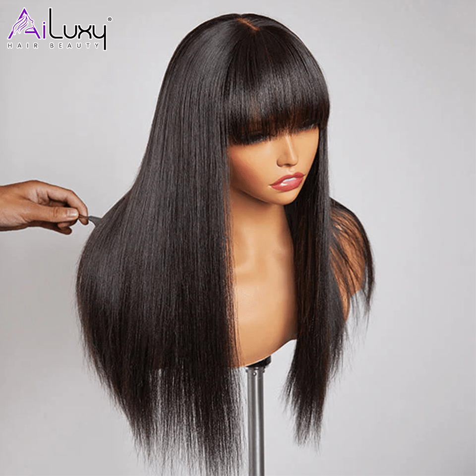 (En France)AILUXY Perruque 100% fabriqué à la machine Lisse Longue Noir Perruque 100% Cheveux Humains