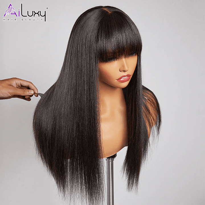 (En France)AILUXY Perruque 100% fabriqué à la machine Lisse Longue Noir Perruque 100% Cheveux Humains