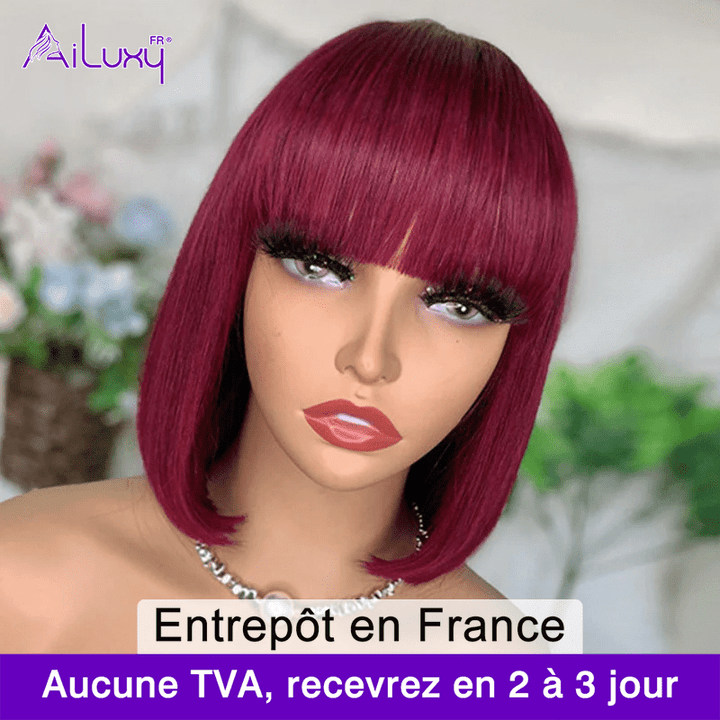 AILUXY 99J Rouge Bourgogne Lisse Bob Perruque Avec Frange 100% Cheveux Humains