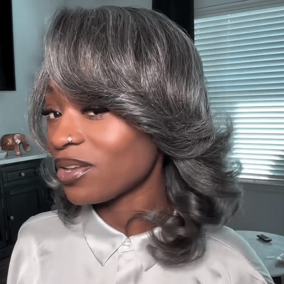 AILUXY Perruque grise bouclée,100% cheveux humains lace 13x4