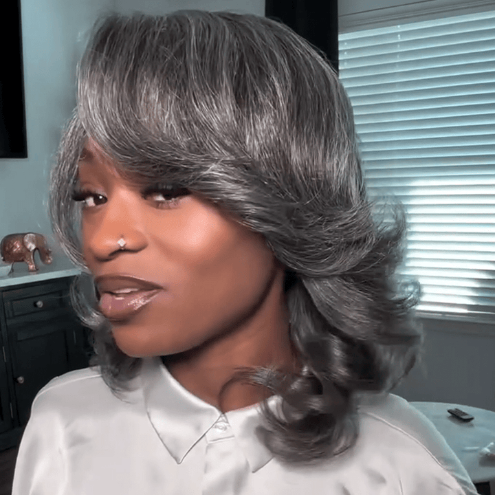 AILUXY Perruque grise bouclée,100% cheveux humains lace 13x4