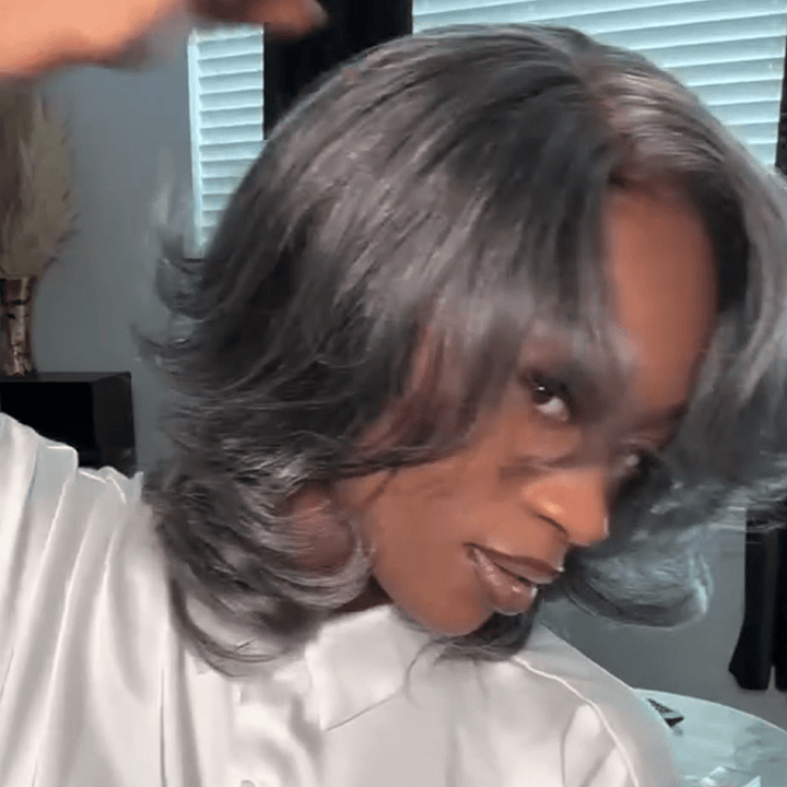 AILUXY Perruque grise bouclée,100% cheveux humains lace 13x4