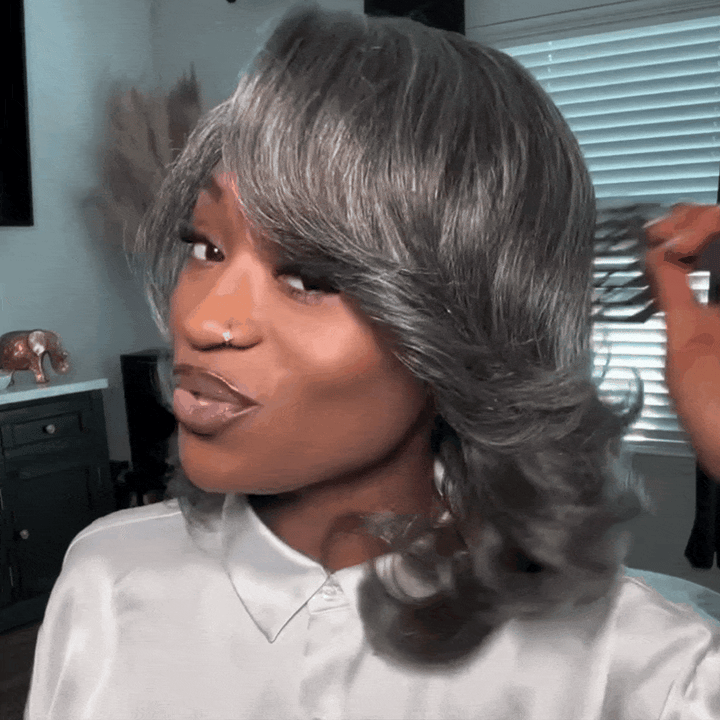 AILUXY Perruque grise bouclée,100% cheveux humains lace 13x4