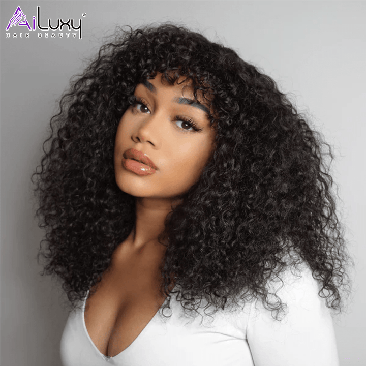 AILUXY Curly Noir Bob Perruque Avec Frange 100% Cheveux Humains 14 pouces