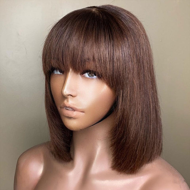 AILUXY Lisse Marron Bob Perruque Avec Frange Perruque 100% Cheveux Humains