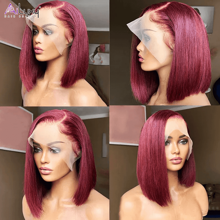 AILUXY 4x4/13x4 Lace Frontal Lisse 99J Bourgogne Bob Perruque 100% Cheveux Humains