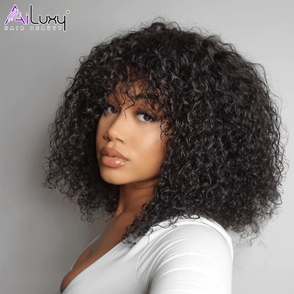 AILUXY Curly Noir Bob Perruque Avec Frange 100% Cheveux Humains 14 pouces
