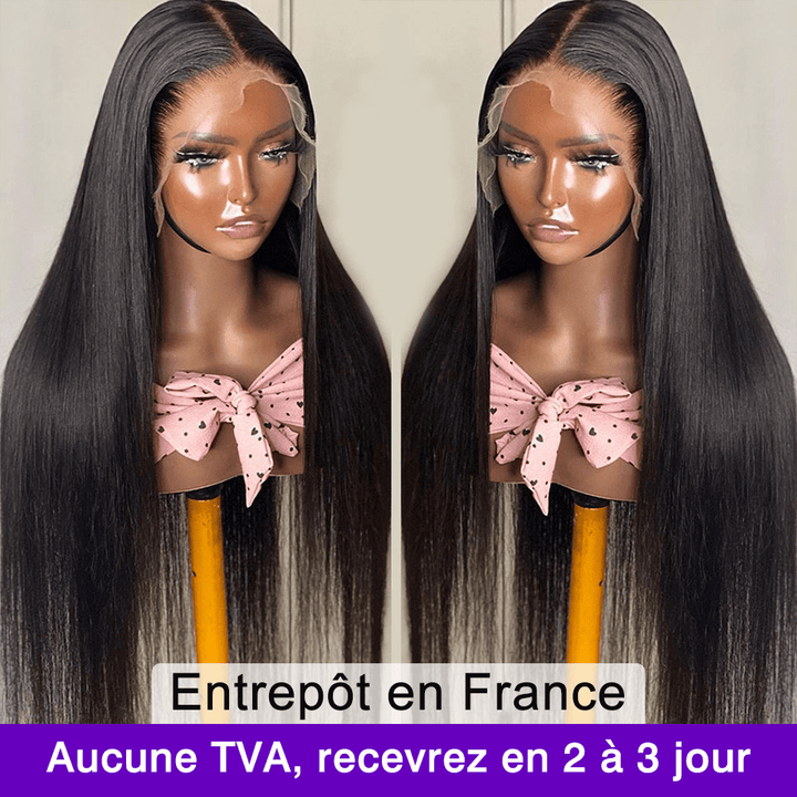Vente Flash AILUXY 13x4 Lace Frontal Perruque Lisse Longue Noir 200% Densité 100% Cheveux Humains