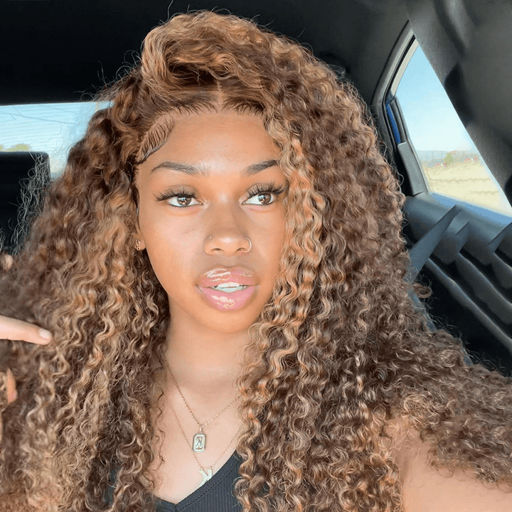 (Dernier Prix) AILUXY 13x4 Lace Frontal Brun Aux Reflets Blonds Bouclé Longue Perruque 100% Cheveux Humains Densité 200%