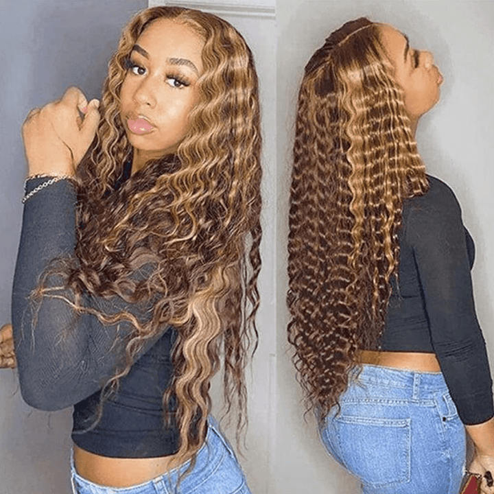 Sans Colle AILUXY 13x4 Lace Frontal Deep Wave Brun Balayage Miel Perruque 100% Cheveux Humains