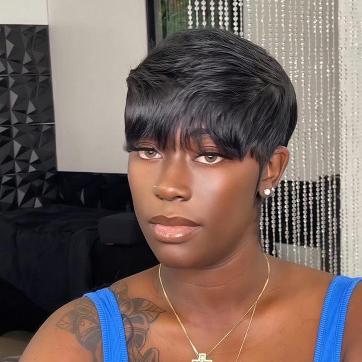 AILUXY Perruque courte Noir fabriquée à la machine 2.0